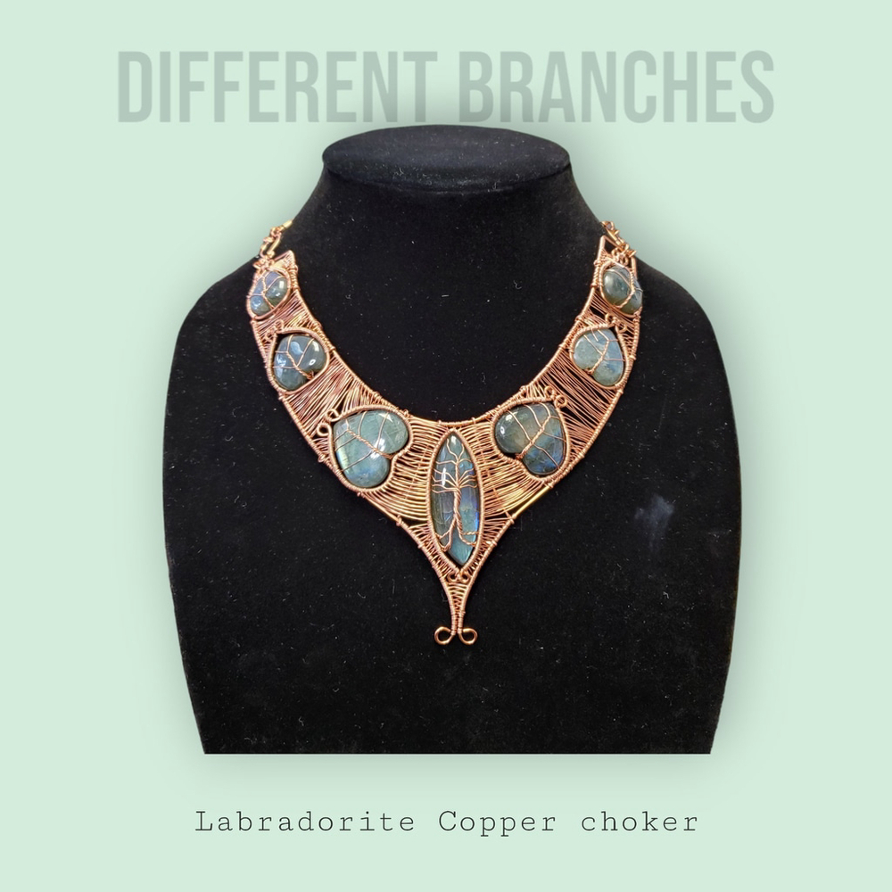 Natural Labradorite bib necklace heady copper wire wrap choker flashy